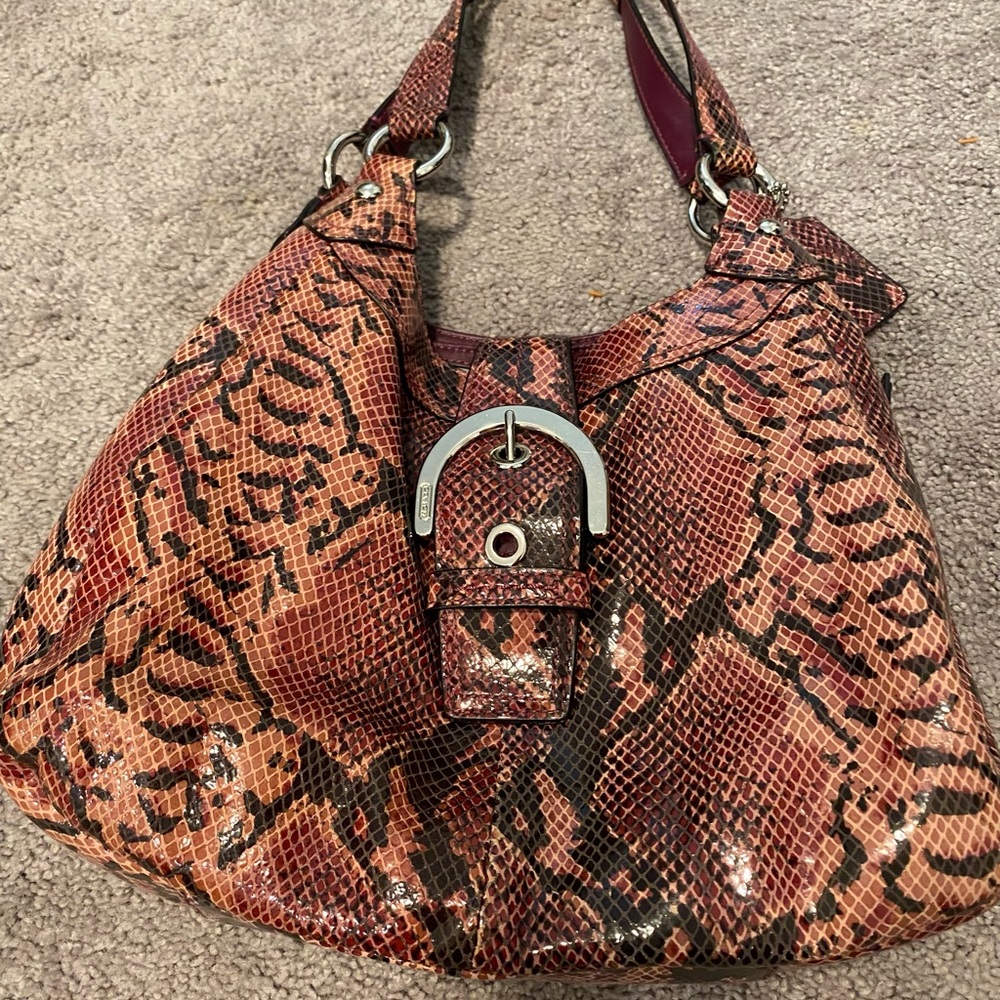Coach Red and Brown Snake Print Satchel